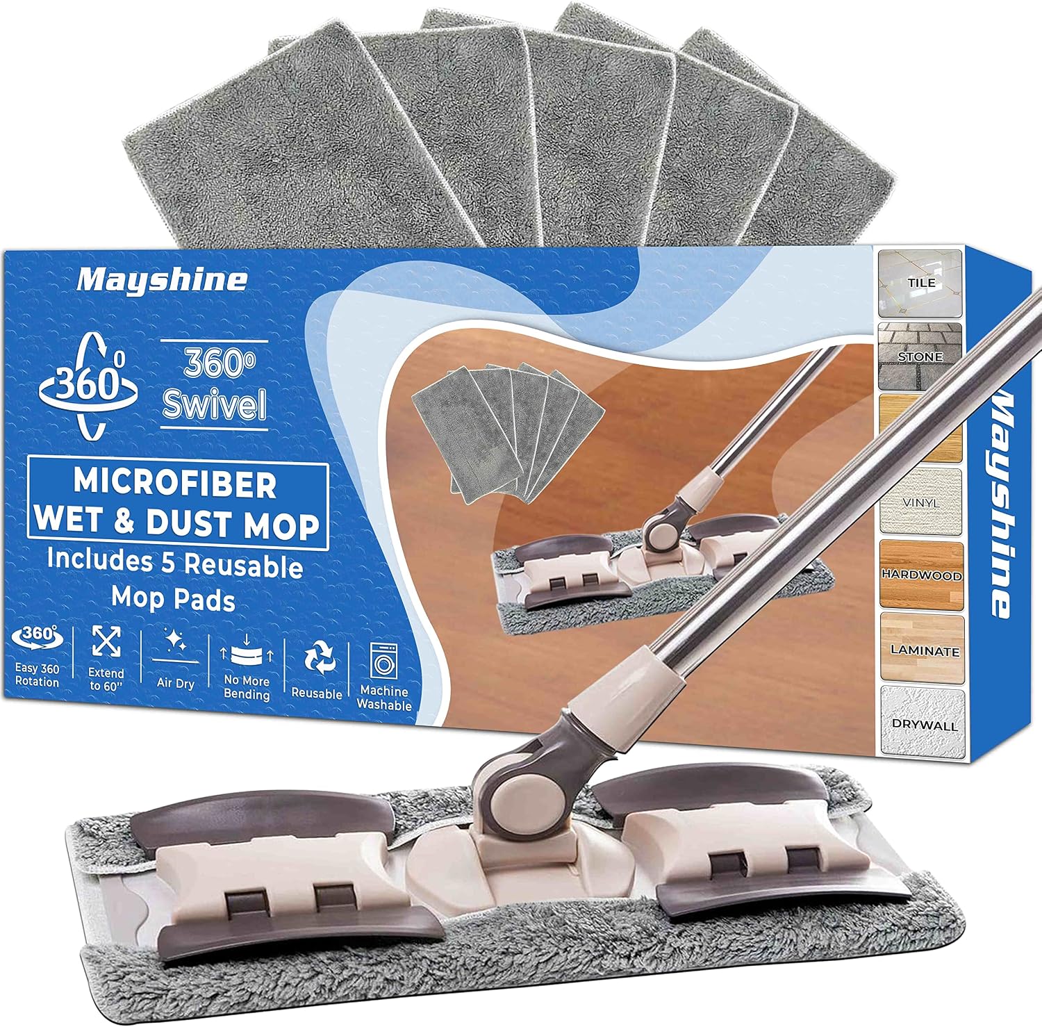 Microfiber Hardwood Floor Wet and Dry Dust Mop w/ 5 Reusable Pads, 360 Spin Mop System | Use on Wood, Tile, Laminate