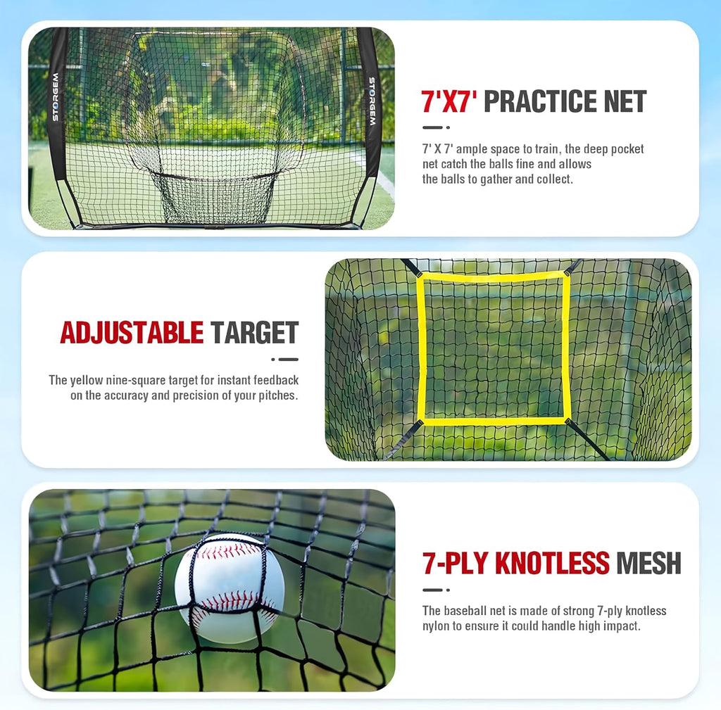 7x7 Baseball Softball Net with Tee, Strike Zone & Bow Frame | 7x7 Baseball Pitching Hitting Net with Strike Zone