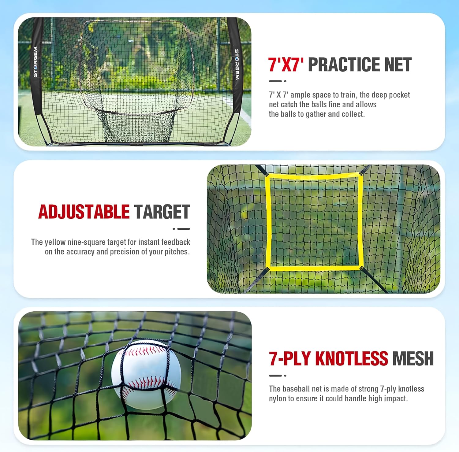 7x7 Baseball Softball Net with Tee, Strike Zone & Bow Frame | 7x7 Baseball Pitching Hitting Net with Strike Zone