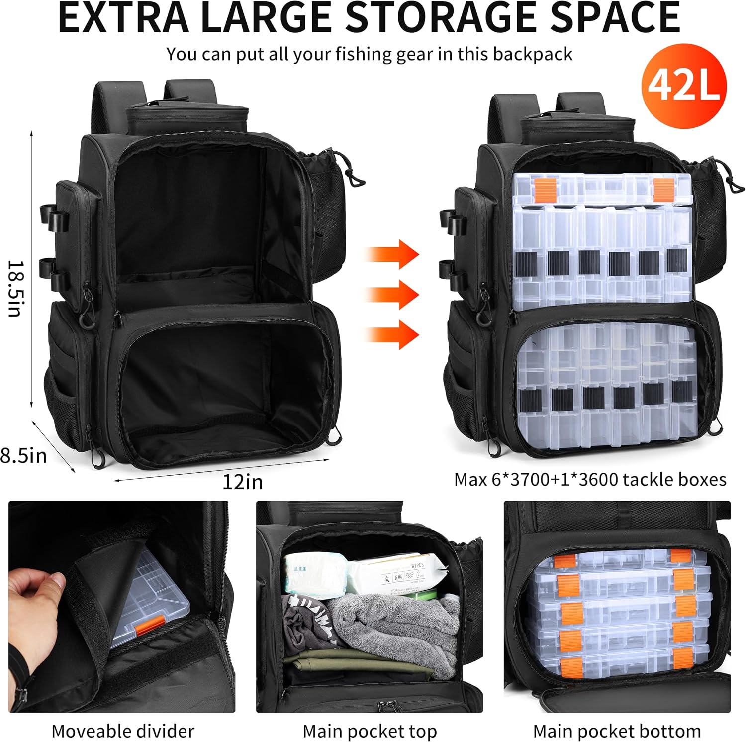 Fishing Tackle Backpack with Rod Holders, Bottle Holder, Storage Bag Store Fishing Gear