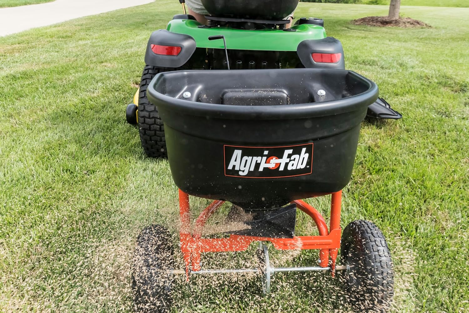 Tow Behind Broadcast Spreader for Seed, Fertilizer, Salt and Ice Melt, 110 lb Capacity Lawn and Garden Spreader with
