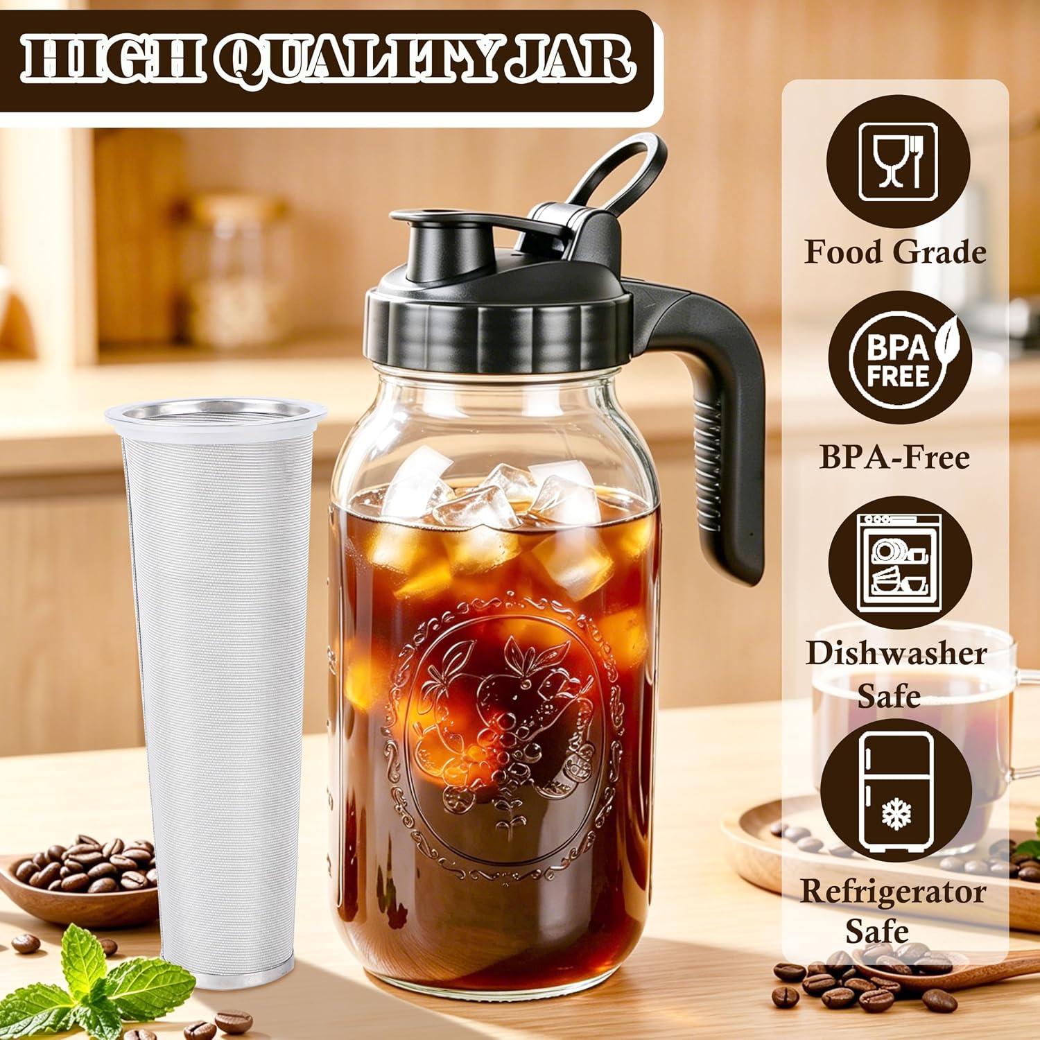 Cold Brew Coffee Maker 64oz Iced Coffee Maker with Stainless Steel Filter | Wide Mouth Glass Pitcher with Pour Spout