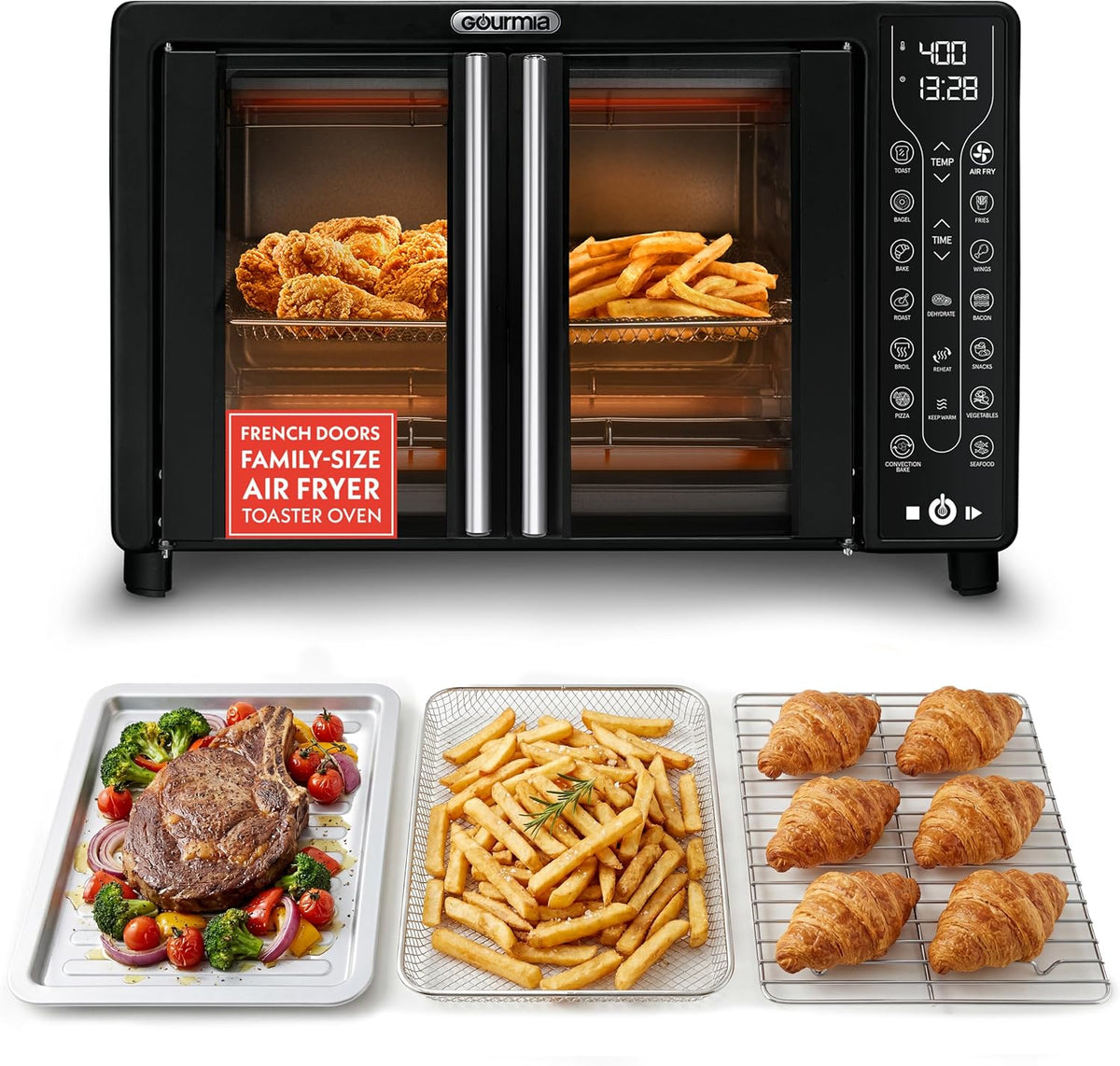 French Door Air Fryer Toaster Oven – 6-Slice Capacity, FryForce 360°, Digital Display with 17 Cooking Presets, Black