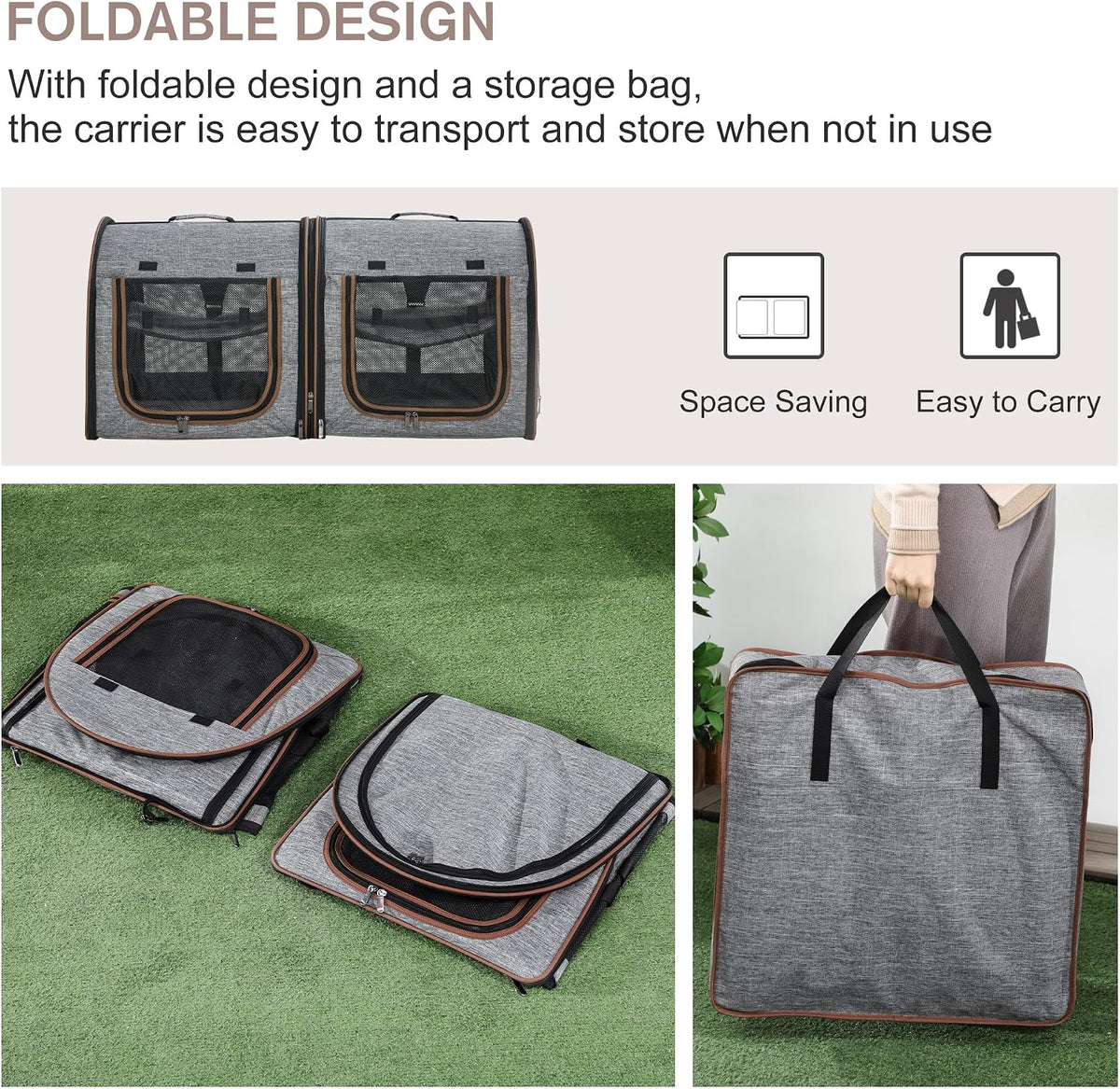39" Portable Soft-Sided Cat Carrier, Two Compartments, Light Gray
