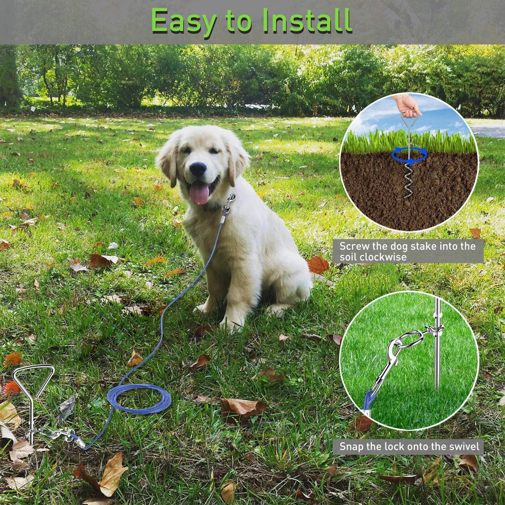 Dog Tie Out Cable and Anti Rust Spiral Stake , 30ft Outside Leash&Chain for Camping and Yard, 16'' Heavy Duty for