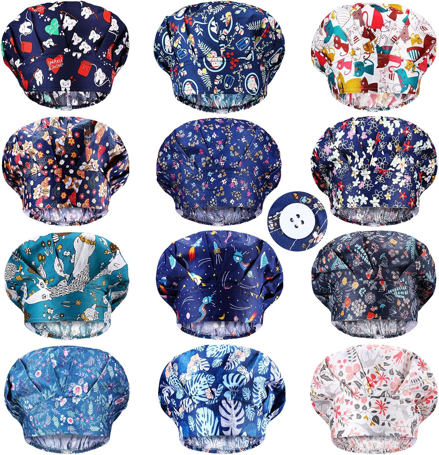 12 Pieces Bouffant Caps for Women Adjustable Nurse Working Hats with Button and Sweatband Printed Caps for Men Women