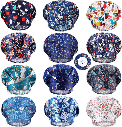 12 Pieces Bouffant Caps for Women Adjustable Nurse Working Hats with Button and Sweatband Printed Caps for Men Women