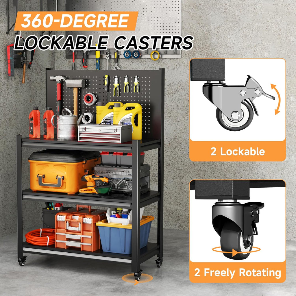 Metal Work Bench with Pegboard, 3 Adjustable Storage Shelves & 4 Lockable Rolling Wheels, Heavy Duty Rolling Garage