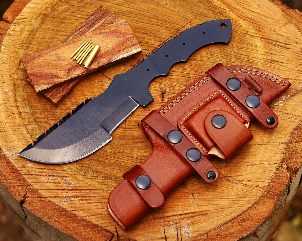 Damascus Tracker Knife Making Kit DIY Handmade Kit Includes Blank Blade Steel Blade, Pins, with Sheath, Handle Scales