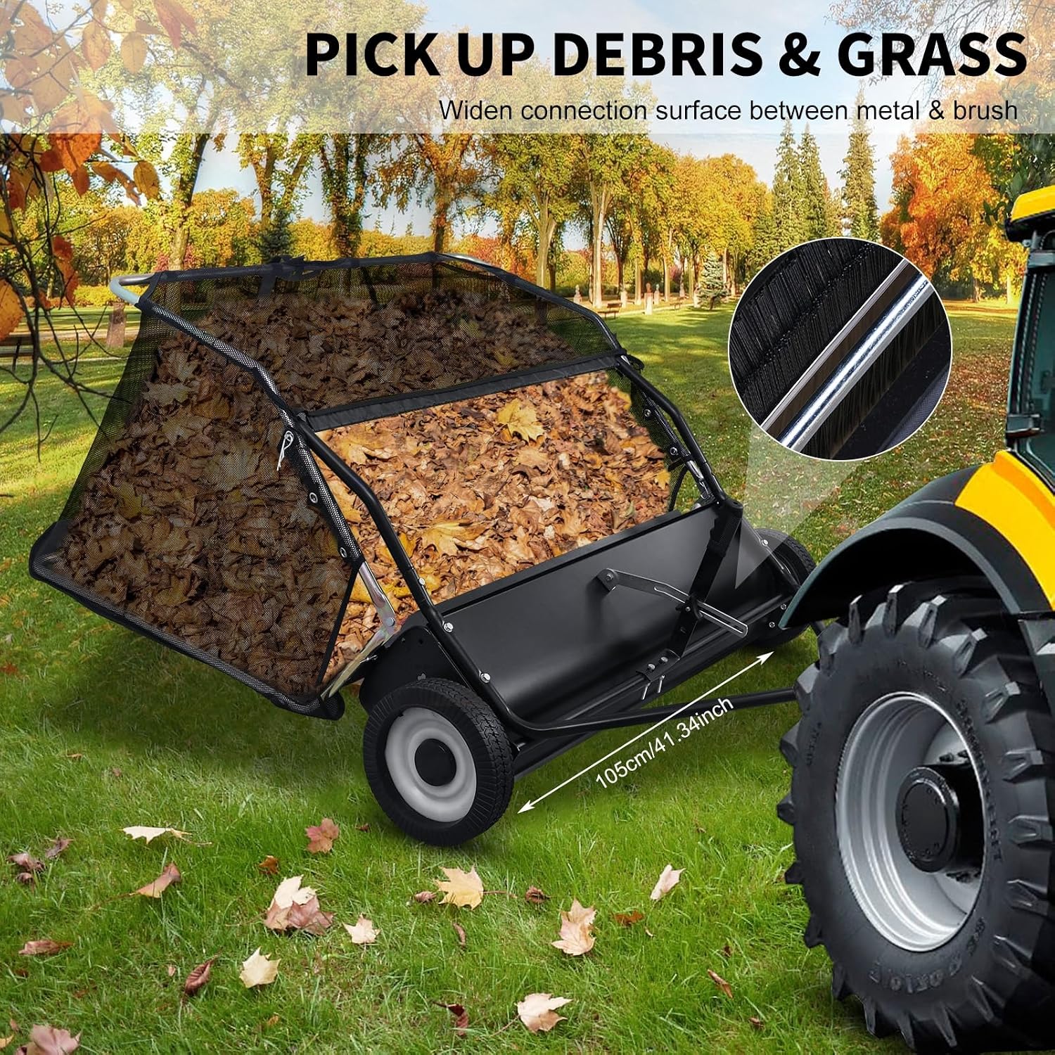 Pull Behind Lawn Sweeper with Dumping Rope, 44” Tow Behind Leaf Collector, Adjustable Height Yard Sweeper with Large