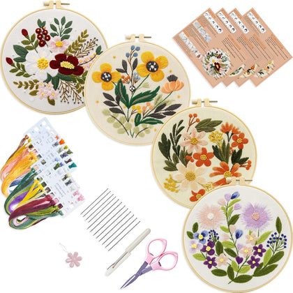 4 Sets Embroidery Set for Beginners Art Crafts Easy Sewing Includes Embroidery Clothes with Pattern, Hoop