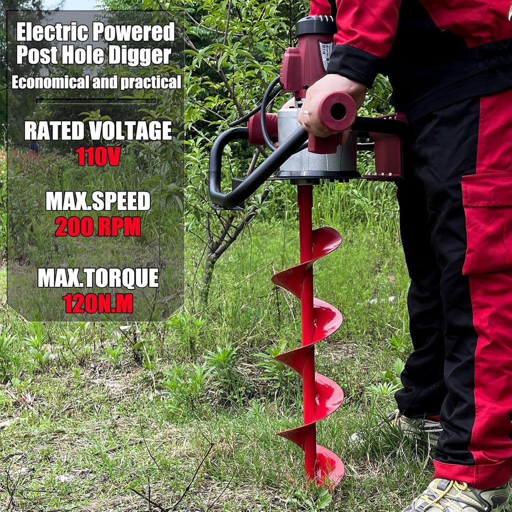 1500W Electric Post Hole Digger with 6" Bit, Red | 110V, 200RPM, 90ft-lb Torque, 6" Bit, Safety Lock, Anti-Vibration