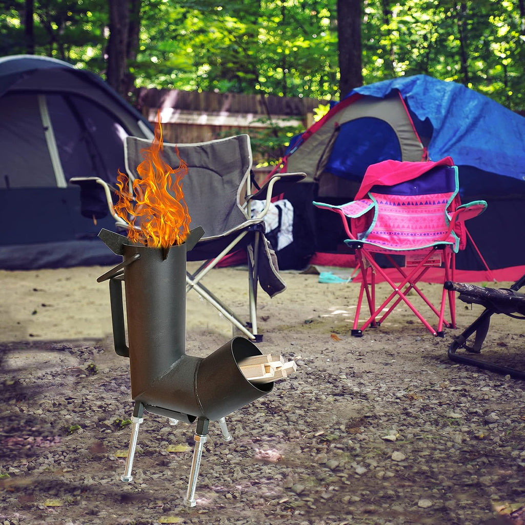 Rocket stove with handle, A portable wood burning camping stove with a fire poker & tongs. wood burning Rocket stove