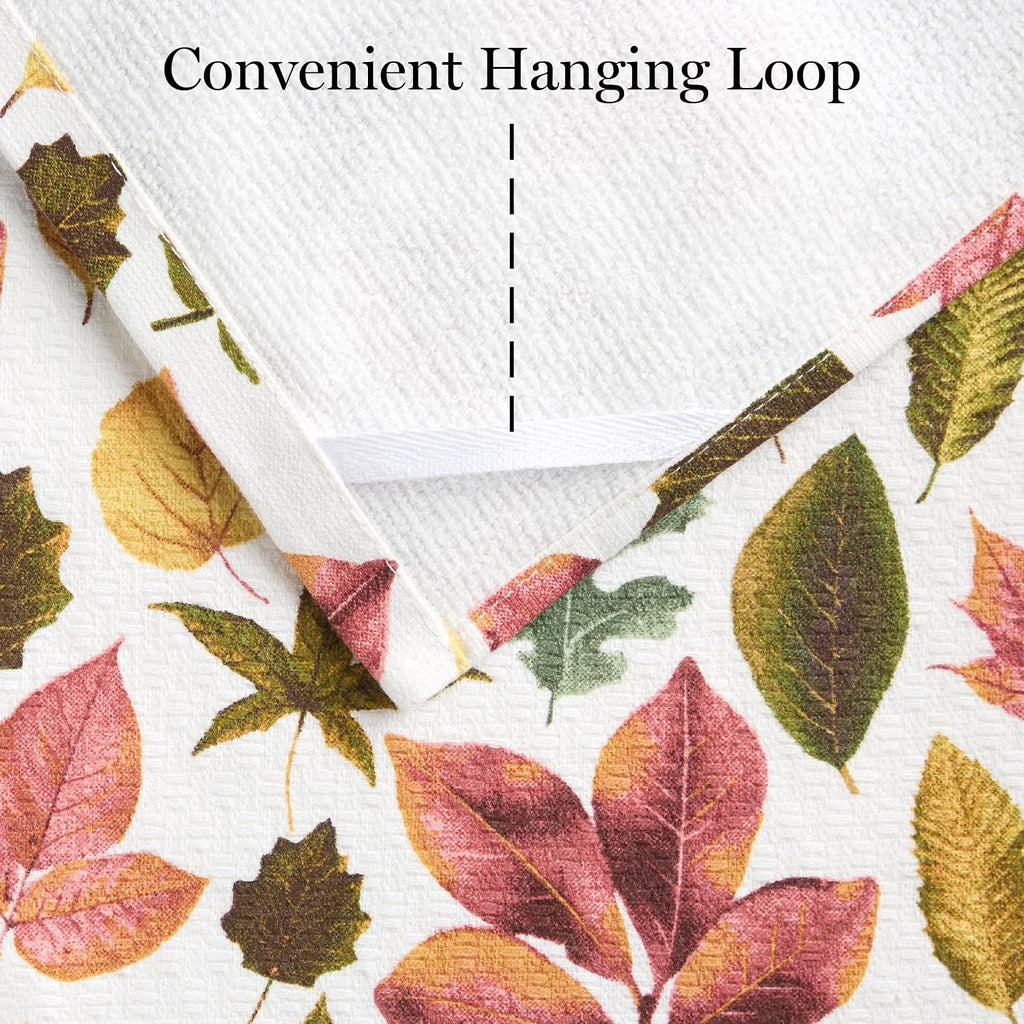 Autumn Harvest Falling Leaves Kitchen Towel 3-Pack Set, 100% Cotton with Absorbent Terrycloth, Decorative Kitchen