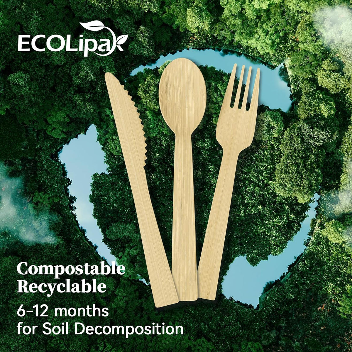 300 Count Bamboo Cutlery Set, 100 Knives, Forks and Spoons each