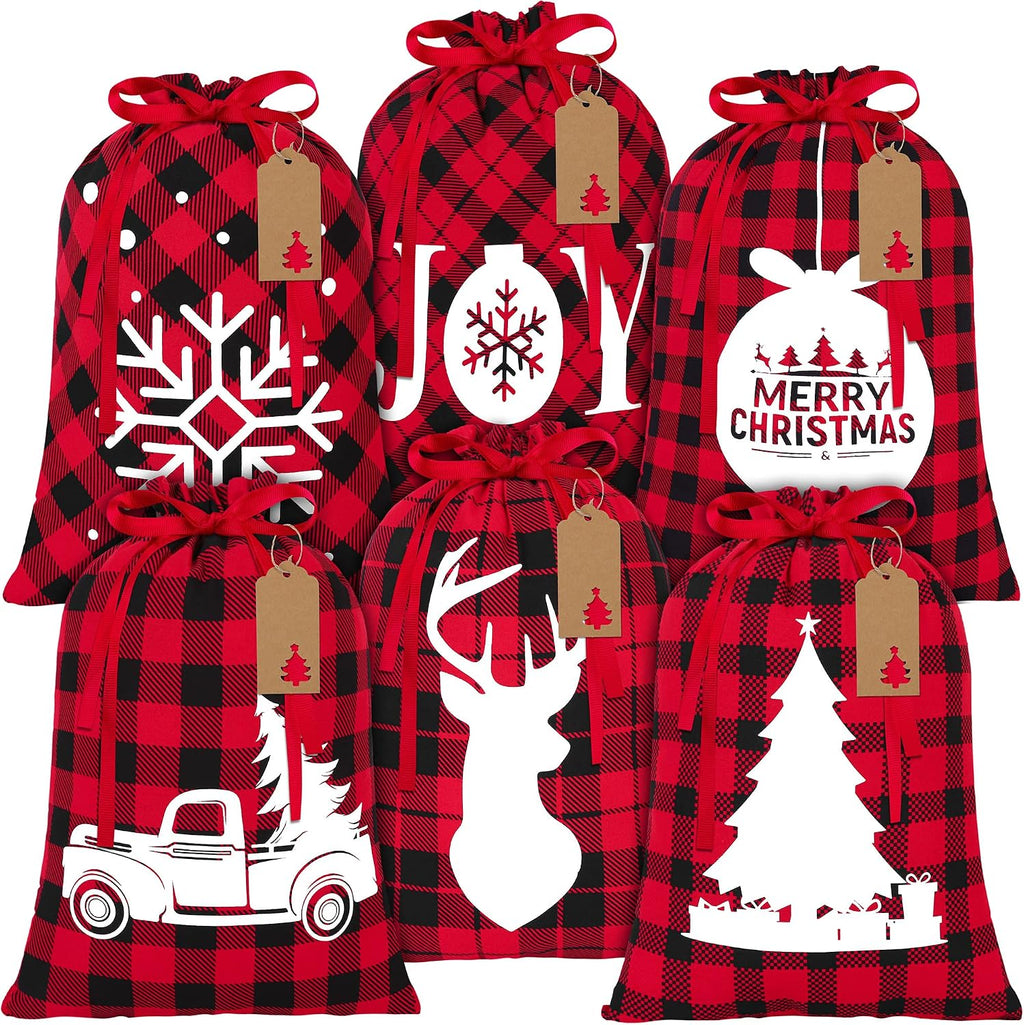 6 Pieces Christmas Drawstring Gift Bags Red and Black Plaid Drawstring Bags with 24 Kraft Paper Tags and 16 Feet Rope