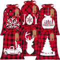 6 Pieces Christmas Drawstring Gift Bags Red and Black Plaid Drawstring Bags with 24 Kraft Paper Tags and 16 Feet Rope