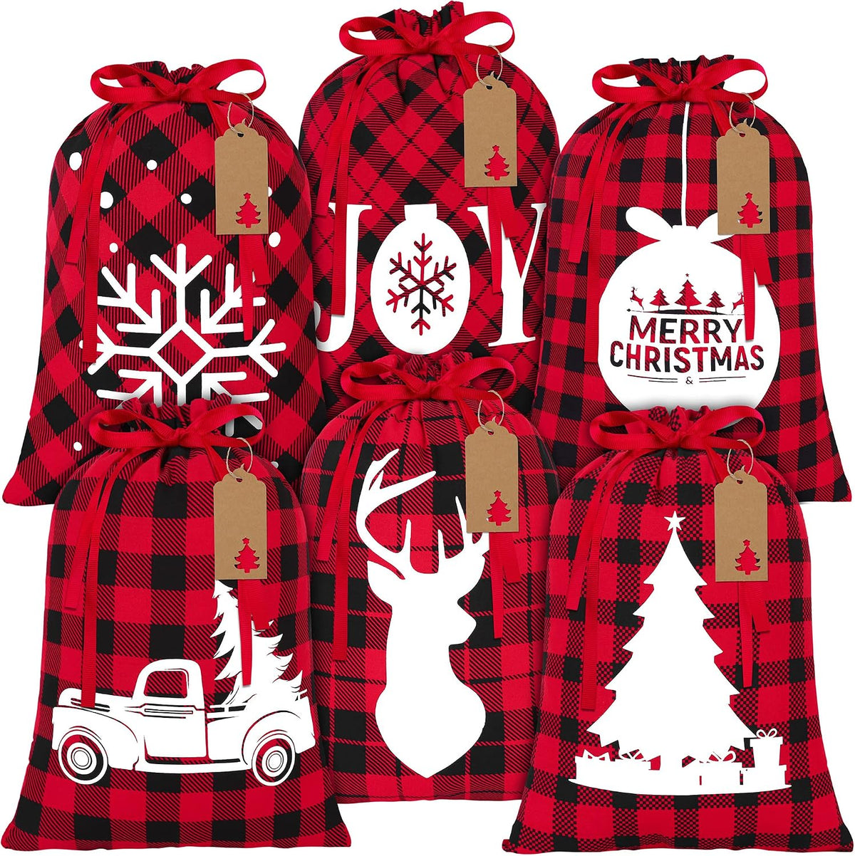 6 Pieces Christmas Drawstring Gift Bags Red and Black Plaid Drawstring Bags with 24 Kraft Paper Tags and 16 Feet Rope