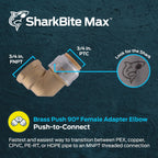 SharkBite Max 90 Degree Female Adapter Elbow, 3/4 Inch Push-to-Connect x 3/4 Inch FNPT, Brass Plumbing Fitting, UR314A