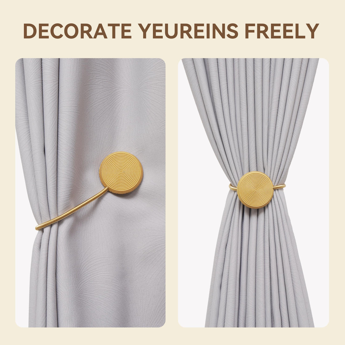 Boho Magnetic Curtain Tiebacks 2 Pack Gold – No Drill Wall-Mounted Holdbacks, Strong Suction Drape Ties, Elastic Cord