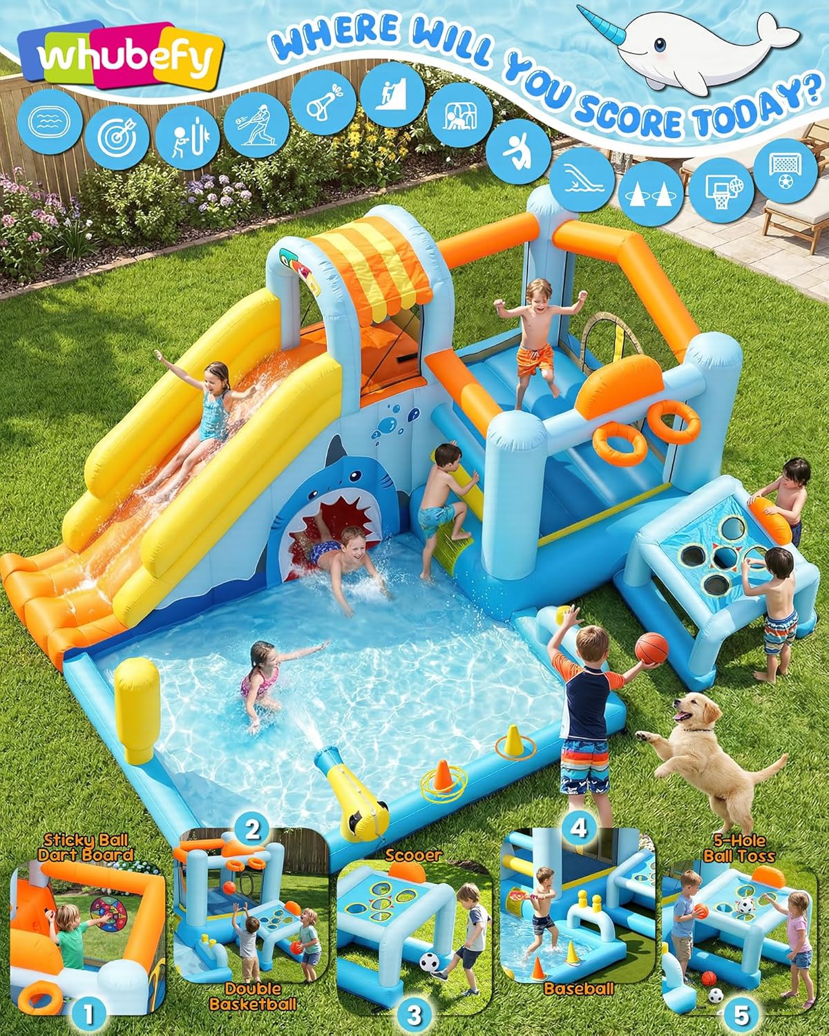 24-in-1 Unicorn Shark Cave Inflatable Water Slides Bounce House Wet Dry Park for Kids Backyard with Blower