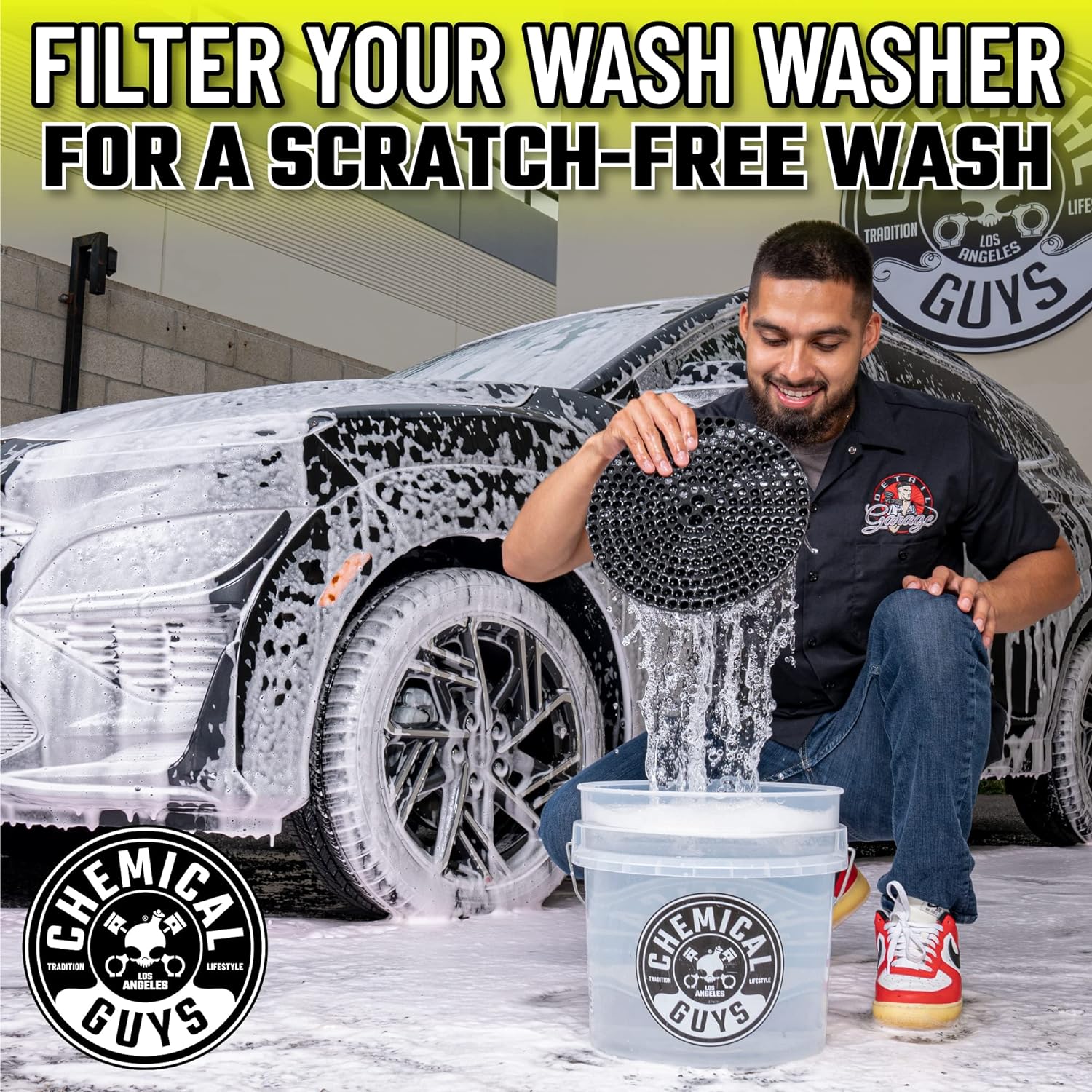 Ultimate Car Wash Bucket Kit, Dirt Trap, Mitt, Soap & Lid | Grit guard sinks debris to the bottom so it stays off
