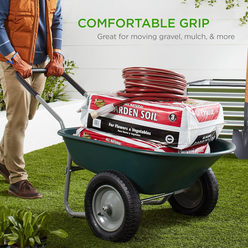Dual-Wheel Home Utility Yard Wheelbarrow Garden Cart w/Built-in Stand for Lawn, Gardening, Construction - Green