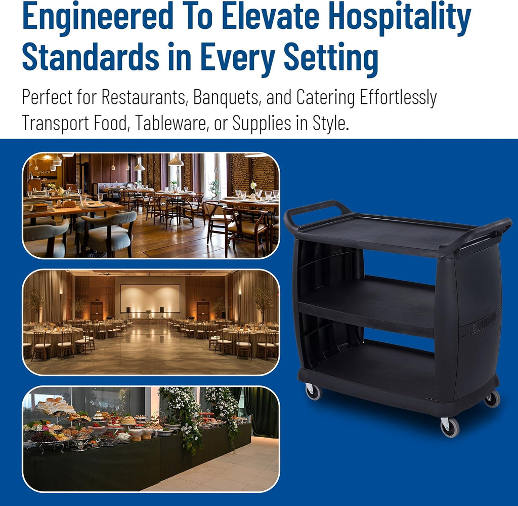 Large 3-Shelf Plastic Bussing Cart, Black