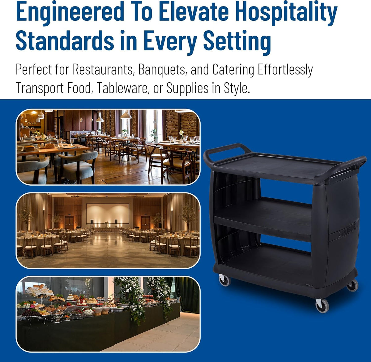 Large 3-Shelf Plastic Bussing Cart, Black