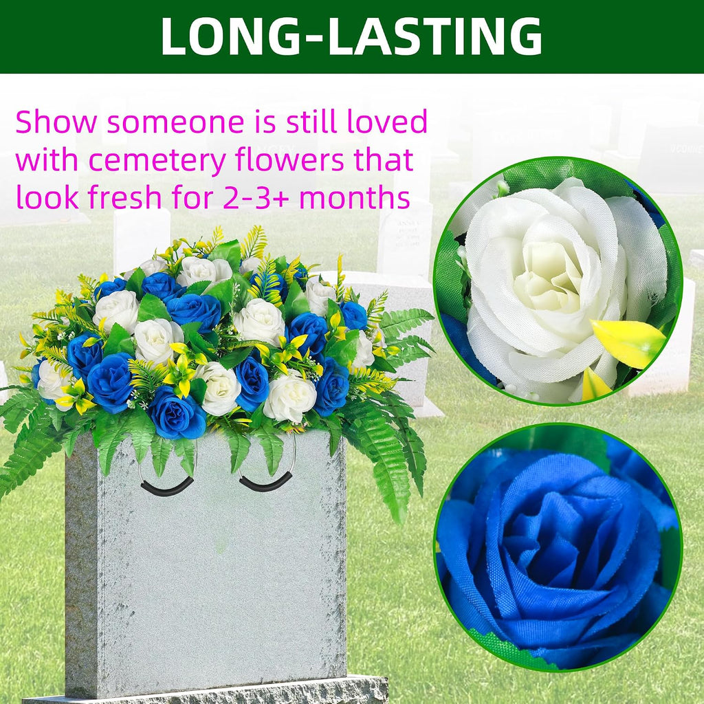 Artificial Cemetery Flowers, Silk Flower Arrangement,Artificial Rose Bouquet Grave Memorial Flowers with Headstone