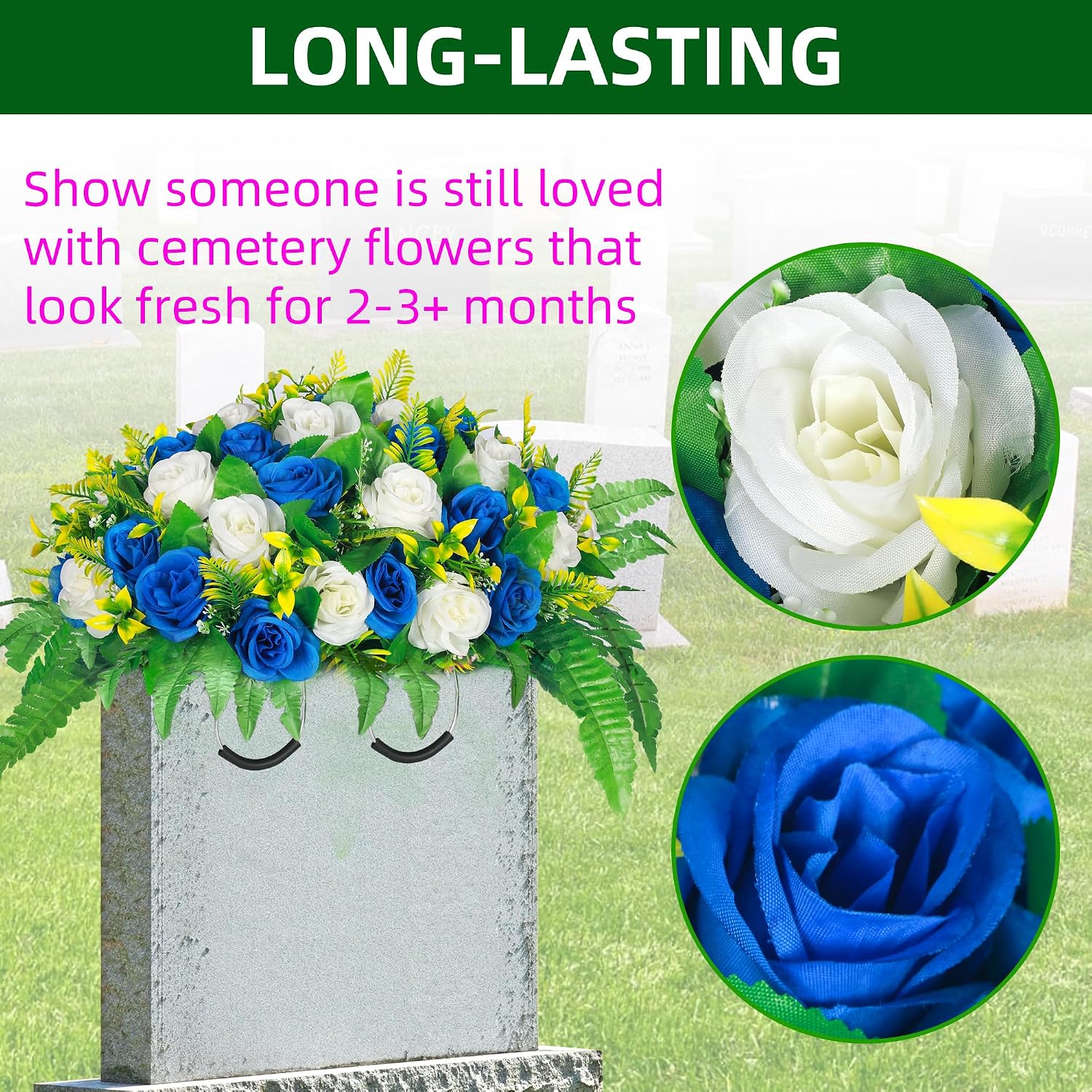 Artificial Cemetery Flowers, Silk Flower Arrangement,Artificial Rose Bouquet Grave Memorial Flowers with Headstone
