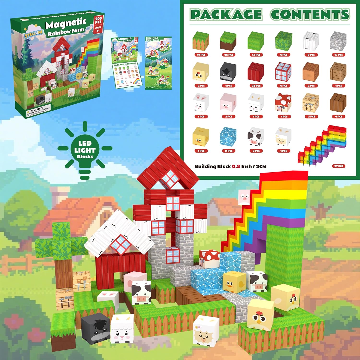 Magnetic Blocks 200PCS with 3 Light-Up Pieces, Rainbow Farm Pals Building Cube Set, STEM Educational Toys for Kids