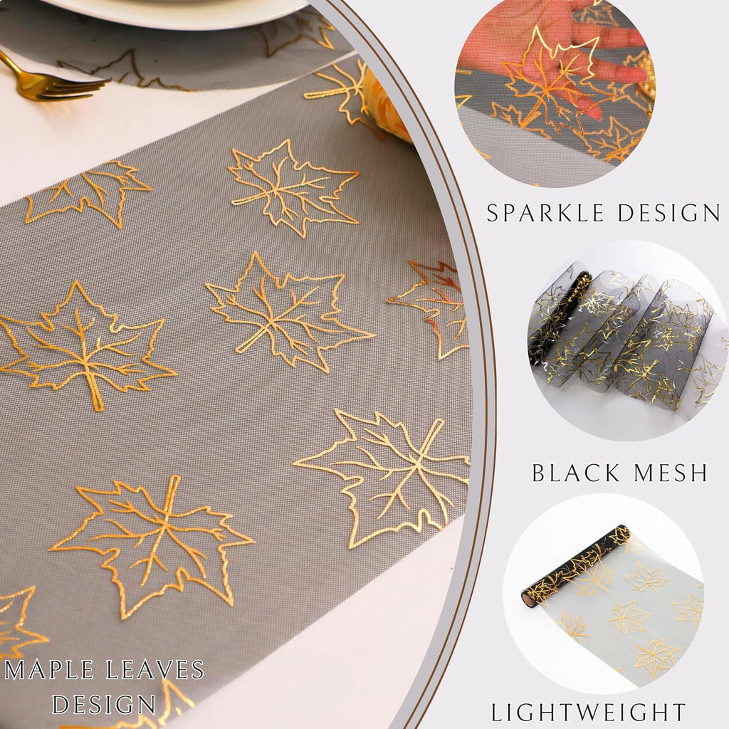 Fall Table Runners, Gold Maple Leaves Thanksgiving Table Decorations for Autumn Harvest Sequin Glitter Lightweight