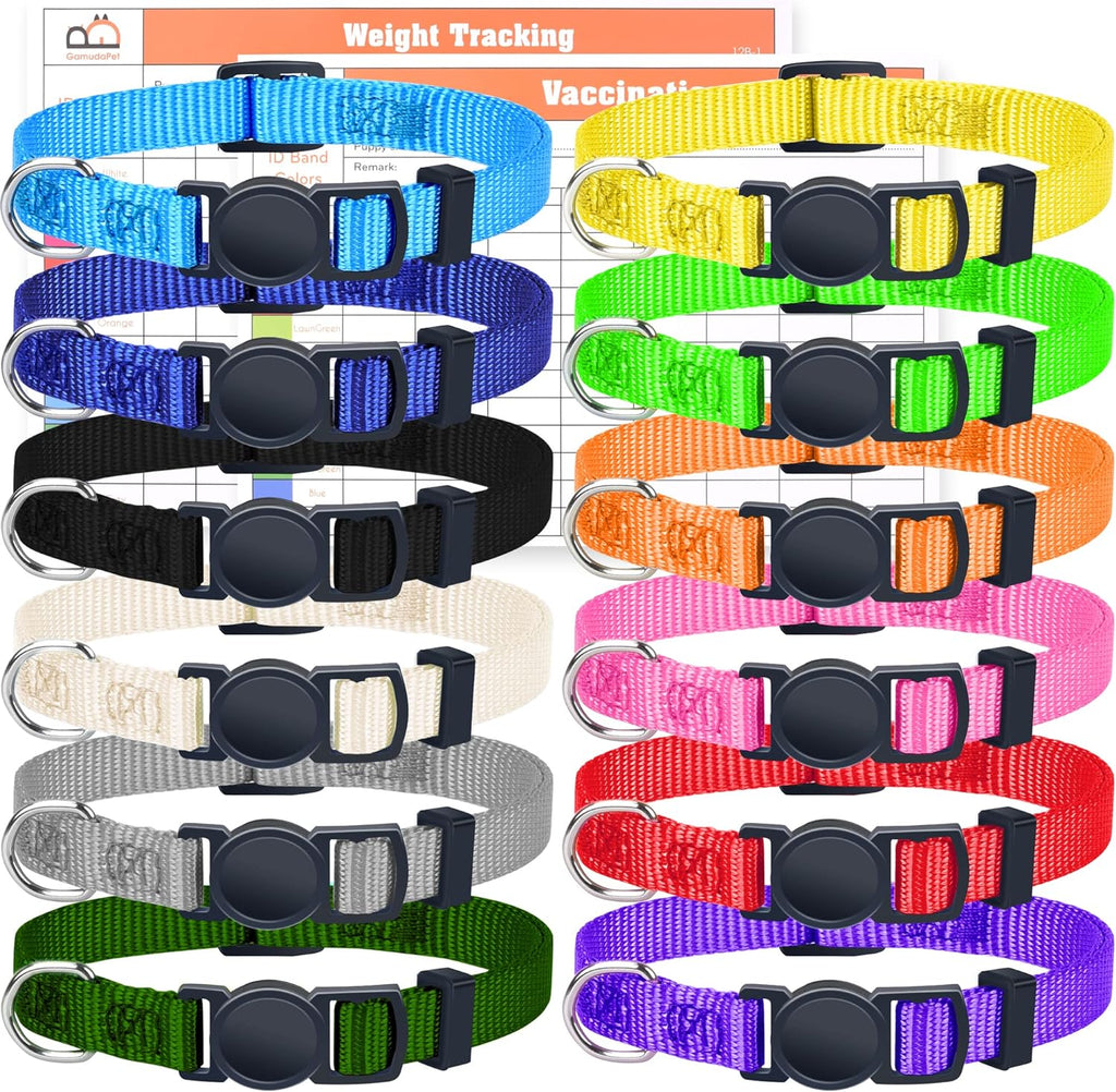 Soft Nylon Puppy and Pup Collars, Adjustable Breakaway Litter Collars, Plain Whelping & ID with Charts - Assorted