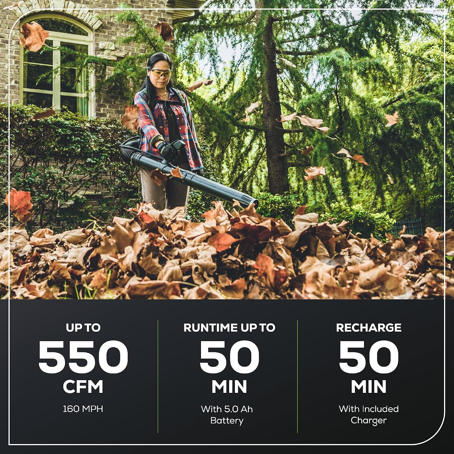 60V Backpack Leaf Blower, 550 CFM, 5.0 Ah Battery and Charger