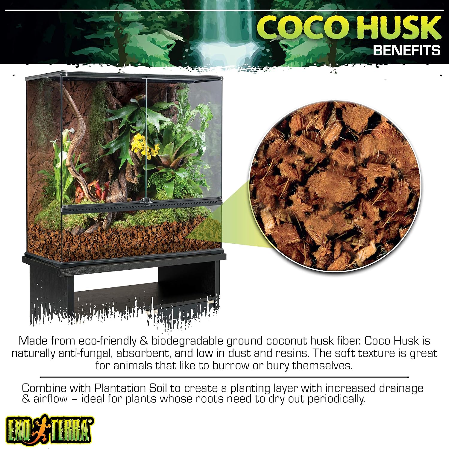Coco Husk Coconut Fiber Reptile Bedding, 8 QT (8.8 L) | Bedding for Tropical Terrariums, Humidity-Holding Coco Fiber