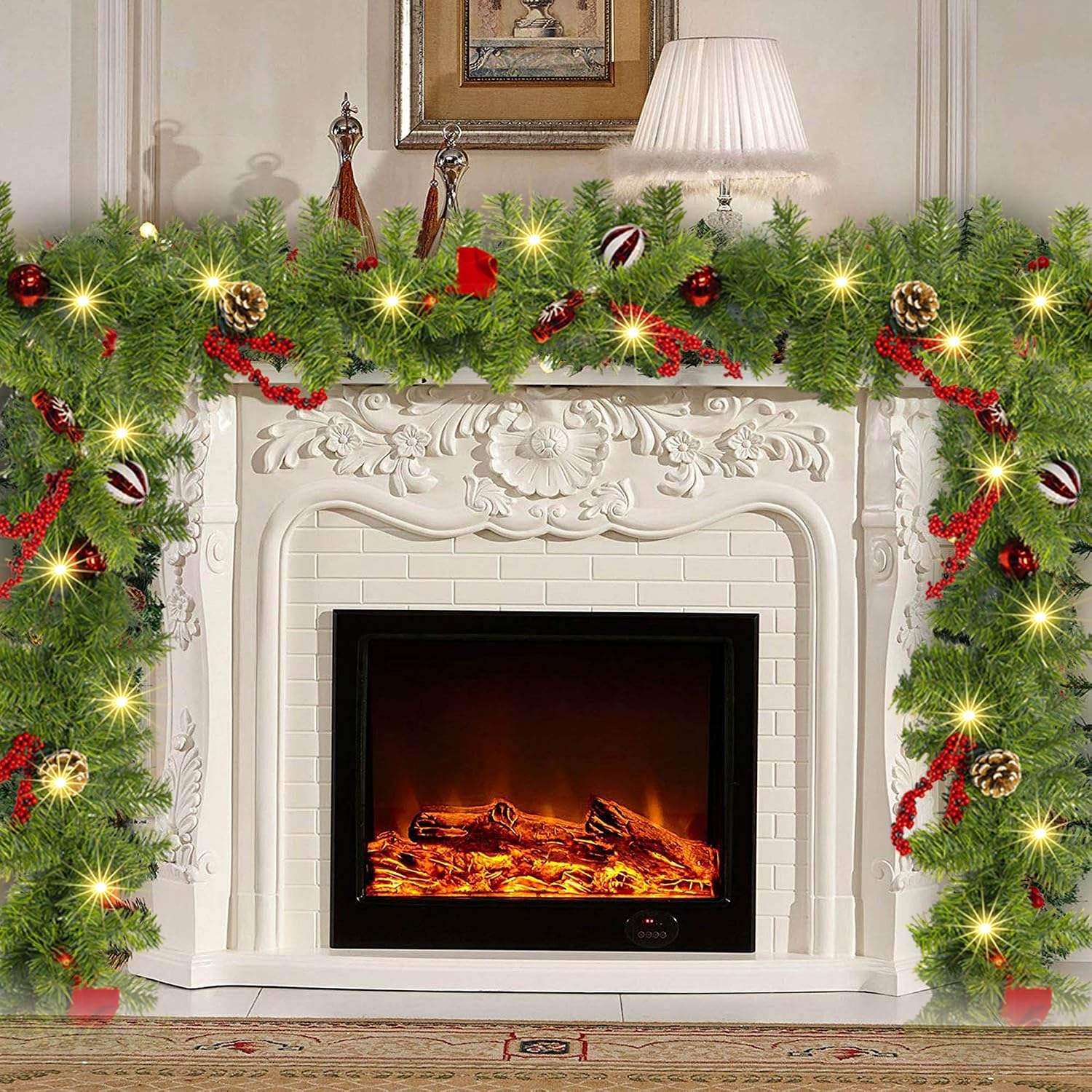9 FT Artificial Christmas Garland, Pre-Lit 50 LED Battery Operated Lighted Xmas Garland with 8 Modes for Indoor