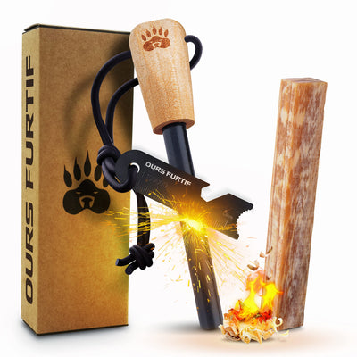 Ferro Rod Fire Starter Kit with Fatwood Tinder Stick - 3/8" Thick Ferrocerium Flint and Steel Fire Starter