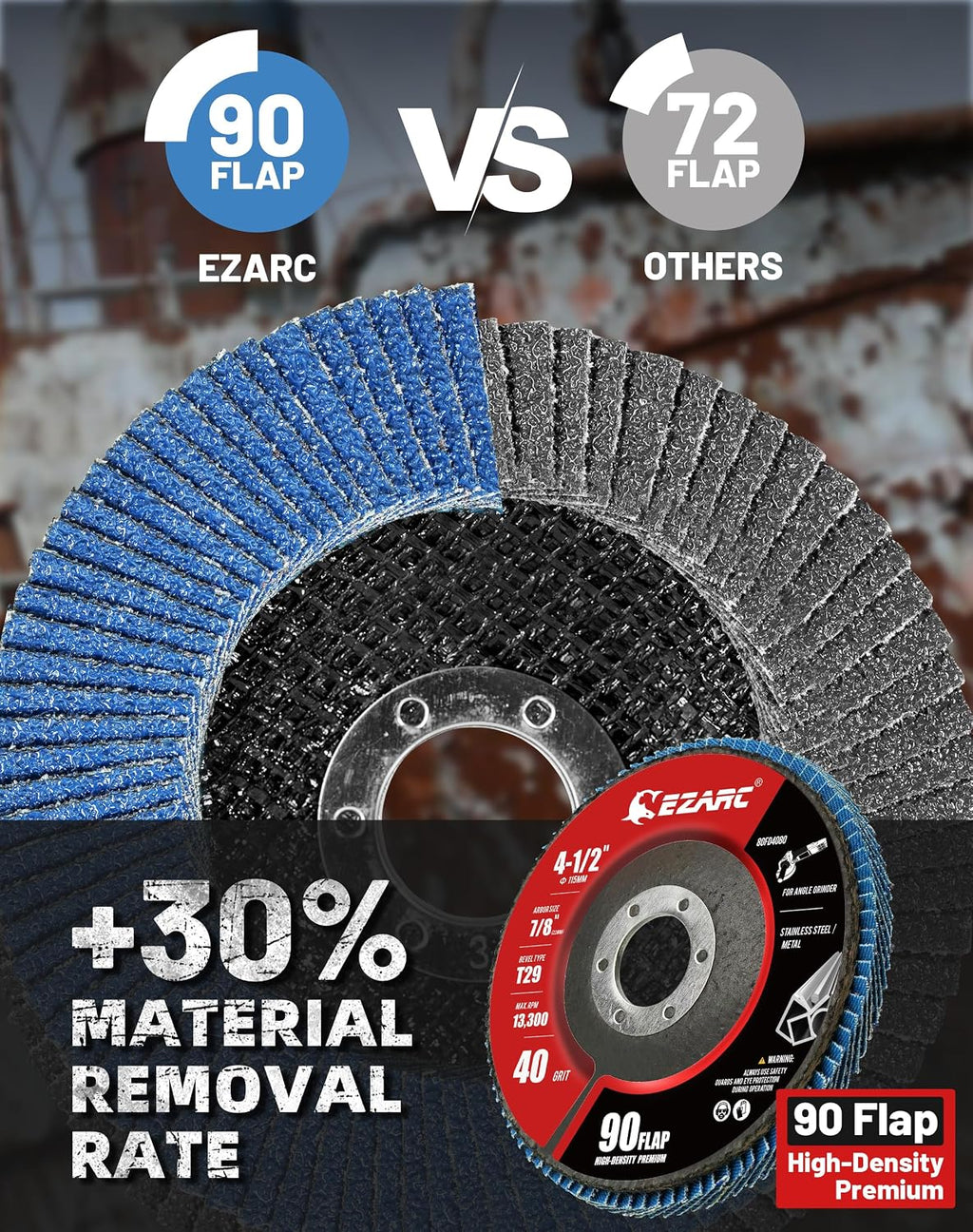 EZARC Zirconia Flap Discs 40 Grit High Density, 4.5x7/8", Type 29, 12 Pack