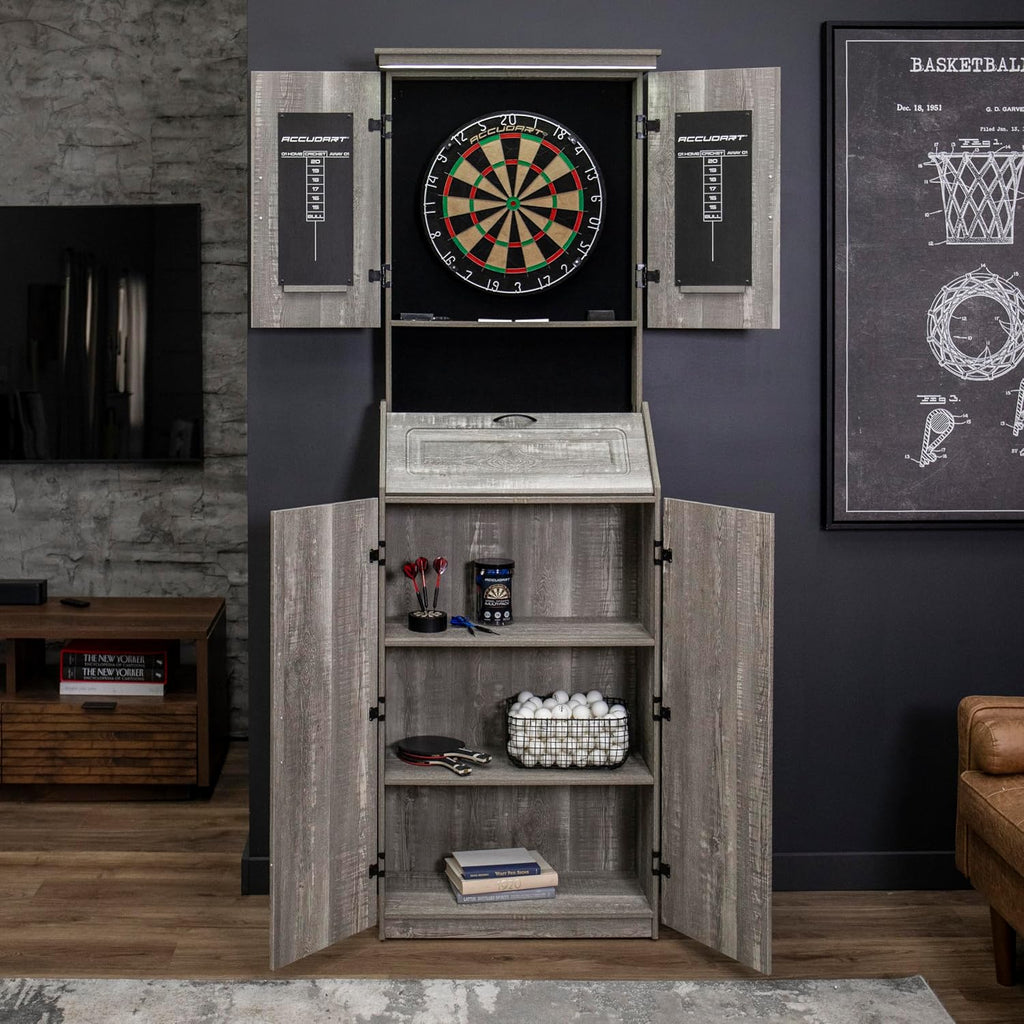 Dartboard Cabinet Set with LED Lighting – Premium Brazilian Sisal Board, Staple‑Free Razor Wire, Weathered Grey