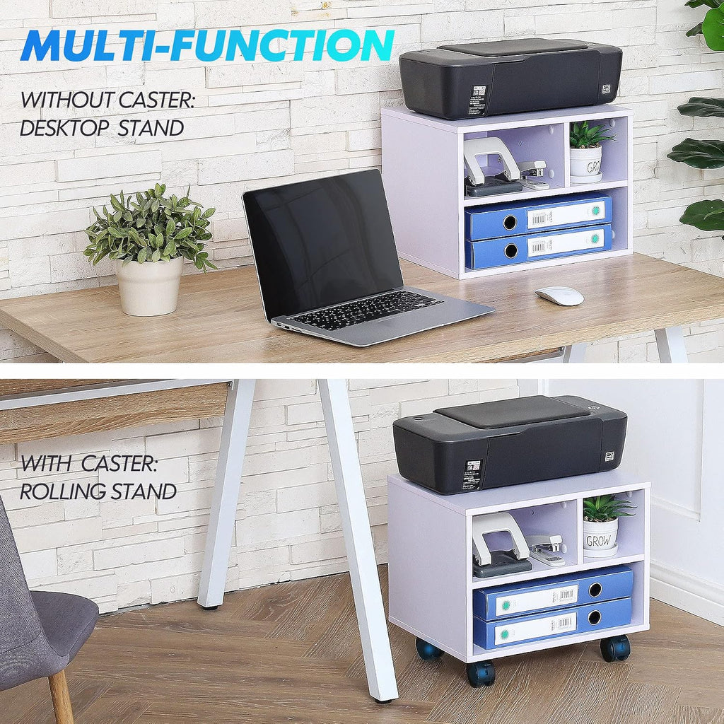 Printer Stand Under Desk, Small Wood Mobile Printer Table, White | Work Cart on Removable Casters, with 3 Storage