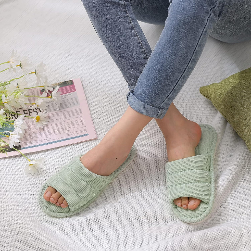 Summer House Slippers for Women Men Waffle Indoor Slippers | Breathable Open toe Home Shoes, Memory Foam Slip-on