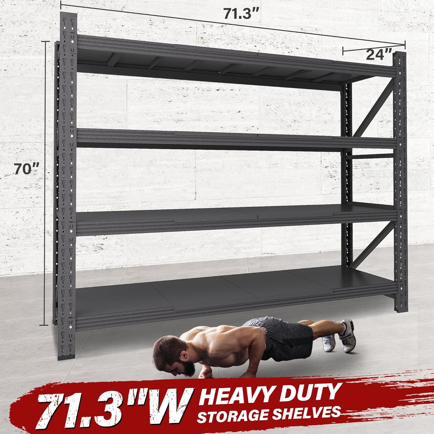 71.3" Wide Heavy Duty Garage Shelving Units,5000LBS Deep Storage Shelves,Black Metal Garage Shelves,Steel Shelf,Large
