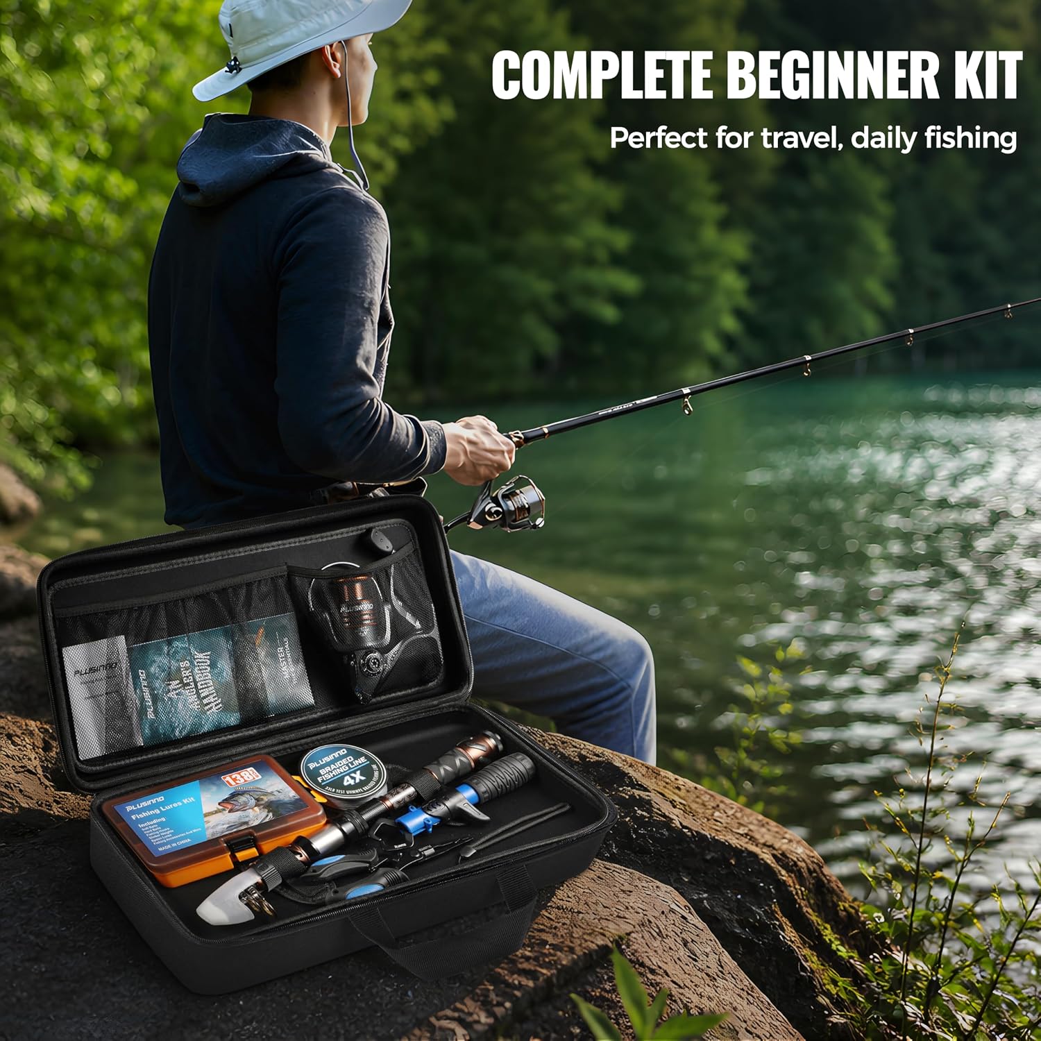 Fishing Rod and Reel Combo with Telescopic Fishing Pole, Portable Travel Fishing Rods Kit with Tackle Box Carrier Bag