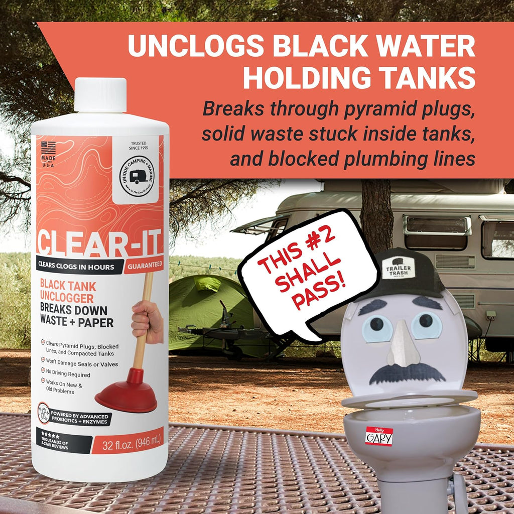 Clear-It Liquid RV Black Tank Unclogger, 32 oz | Breaks through pyramid plugs, compacted waste, & clogged pipes; RV