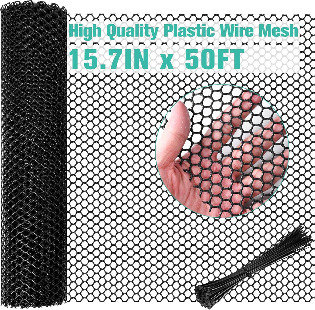 Plastic Mesh Fence Sheet 15.7IN x 50FT - 0.3IN Opening Plastic Chicken Wire Netting Roll Durable for Dogs, Poultry