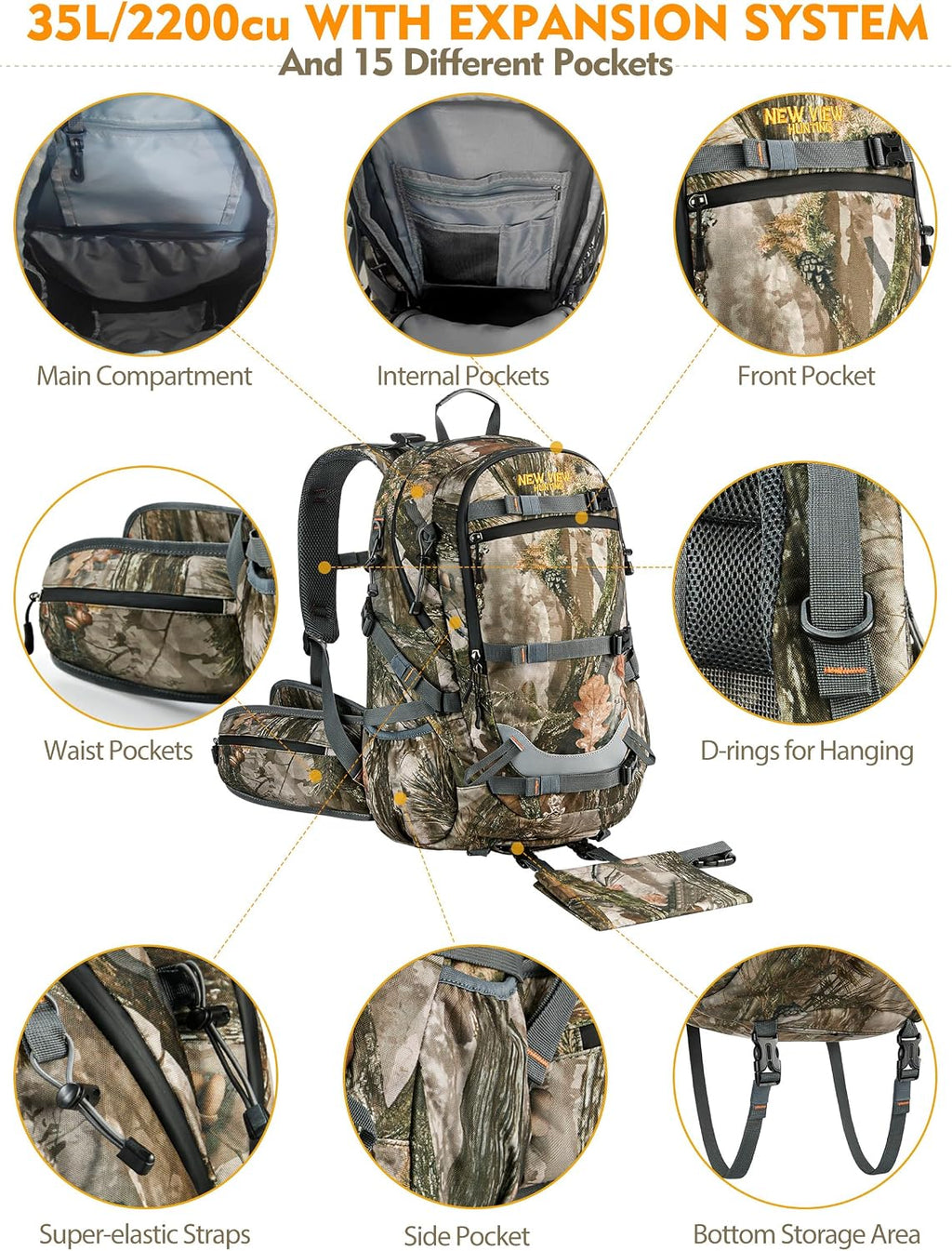 Hunting Backpacks for Men 35L, Camo Backpack for Hunting with Rifle Bow Gun Holder, Waterproof Hunting Pack with Rain