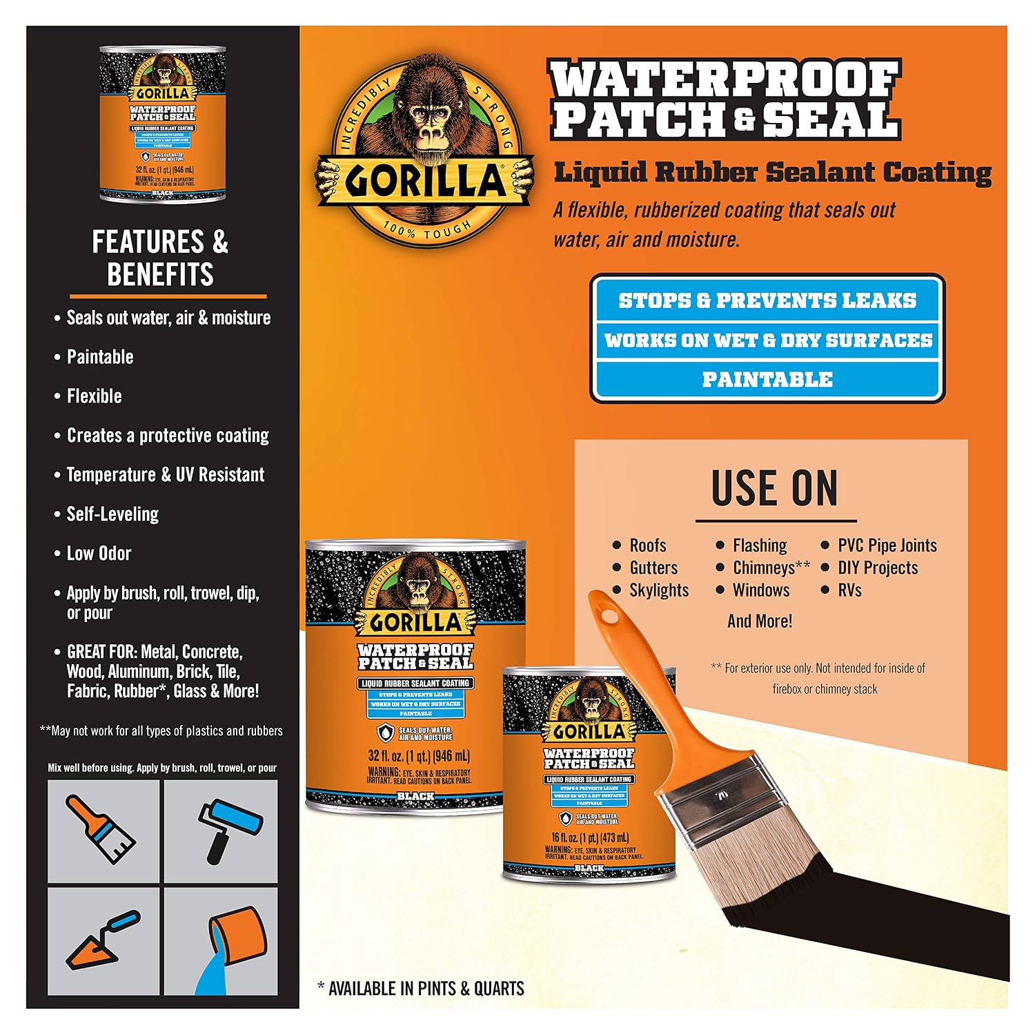Patch & Seal Liquid Rubber Waterproof Sealant, Black, 32 oz