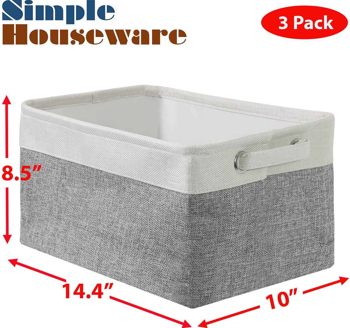14.4" x 10" Slim Large Fabric Storage Bin, 3 Pack, Gray