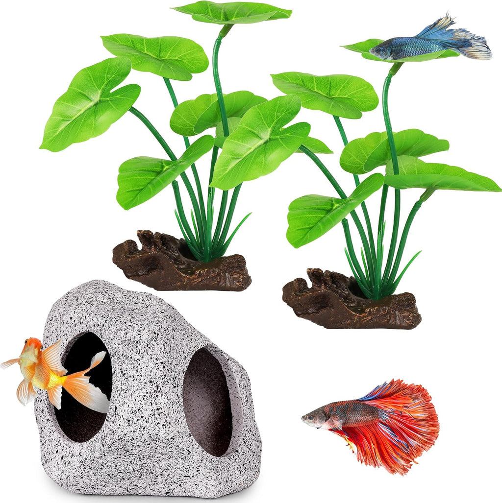 Fish Tank Decor, Silk Aquarium Plants and Hideaway Rock Cave Decor for Betta Fish Tank Accessories, Goldfish, Turtle